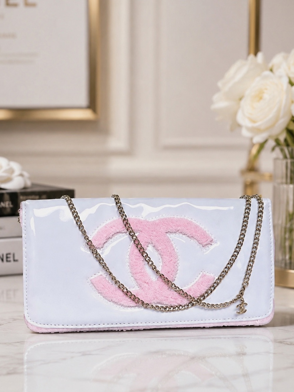 Chanel White and Pink Crossbody purse with CC chain Barbie Pink Logo & Interior